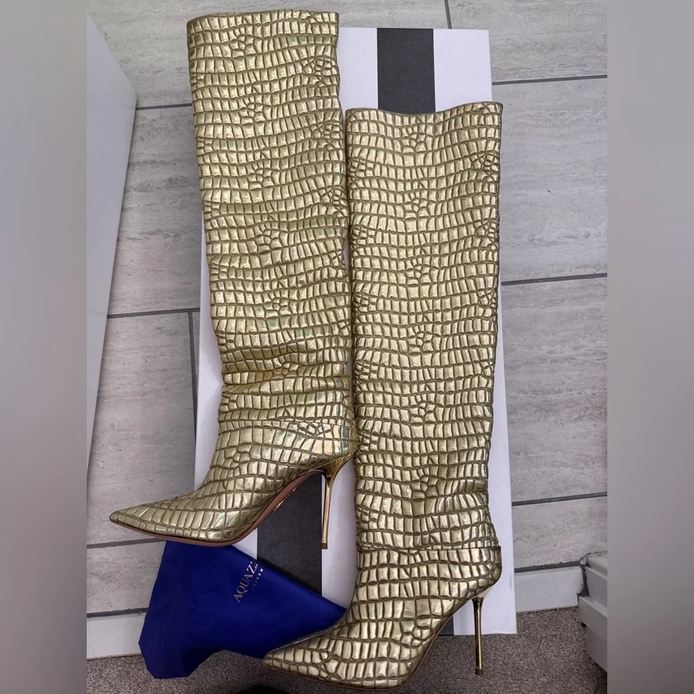 Aquazurra Boreal Metallic Gold Croc-Embossed Over-The-Knee Boots - size 37.5 EUC